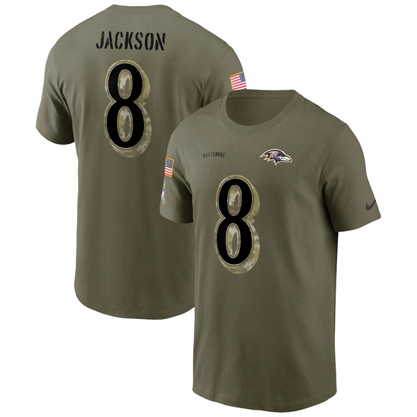 Men's Baltimore Ravens #8 Lamar Jackson 2022 Olive Salute to Service T-Shirt - Click Image to Close